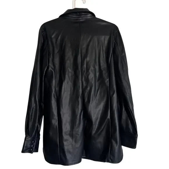 Faux Leather Button Down Shirt Jacket Black Women’s Small Oversized Longline - Picture 2 of 9